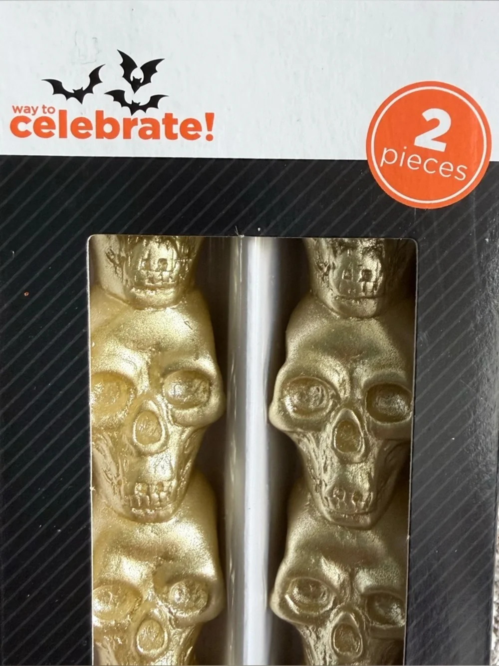 NWB Celebrate! Set of two gold colored Halloween Skull Taper Candles 10.3” tall